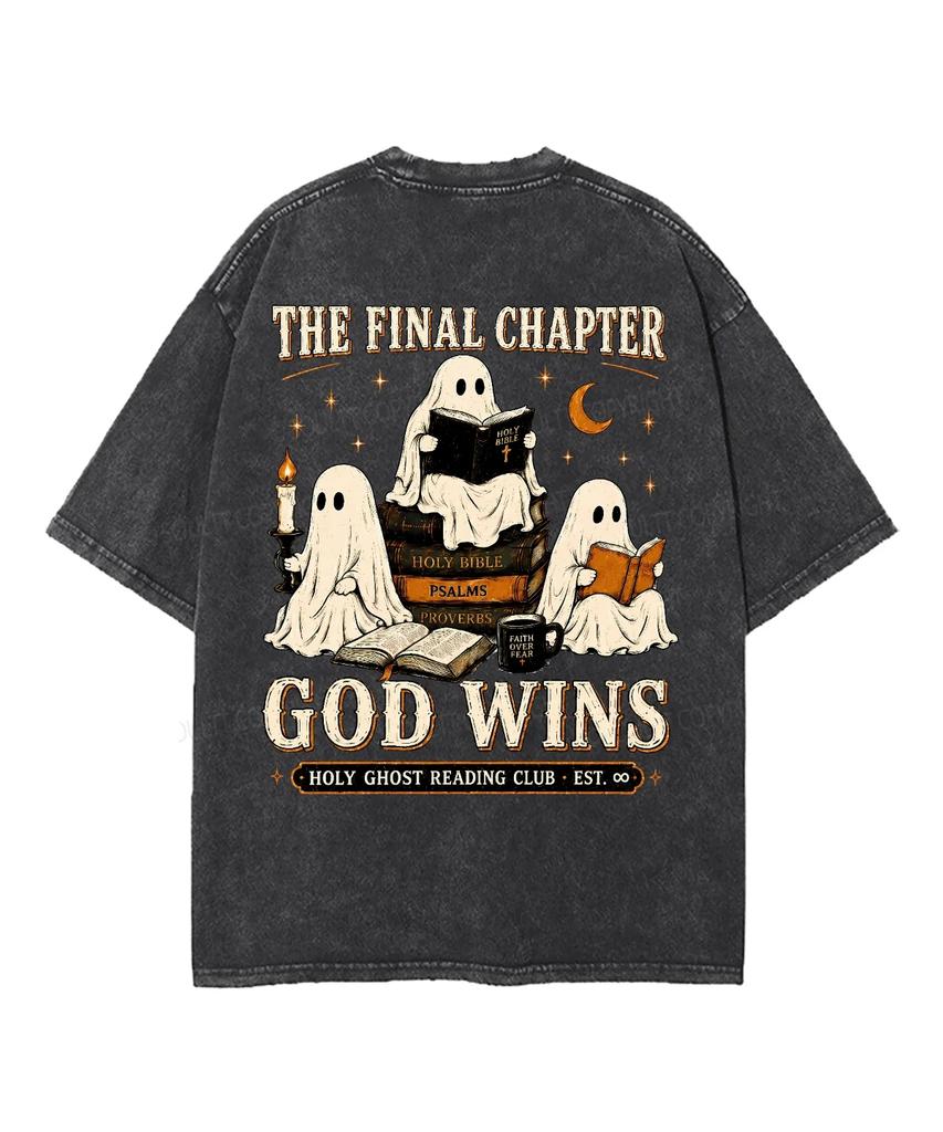 God Wins Holy Ghost Reading Club Ghost Reading Faith Front Back Vintage Washed T‑Shirt Unisex Oversized Short Sleeve Casual Tops