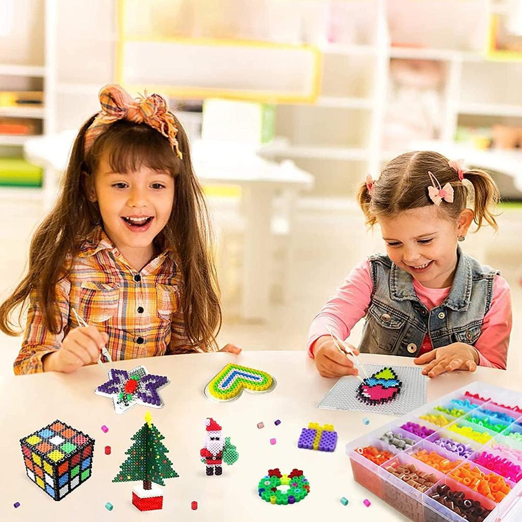 Hama Beads Kit, 24 Colors 7000 Pcs for Kids Ironing Beads Kit with 4 Pegboards 4 Ironing Paper Keychains Accessories DIY Toy