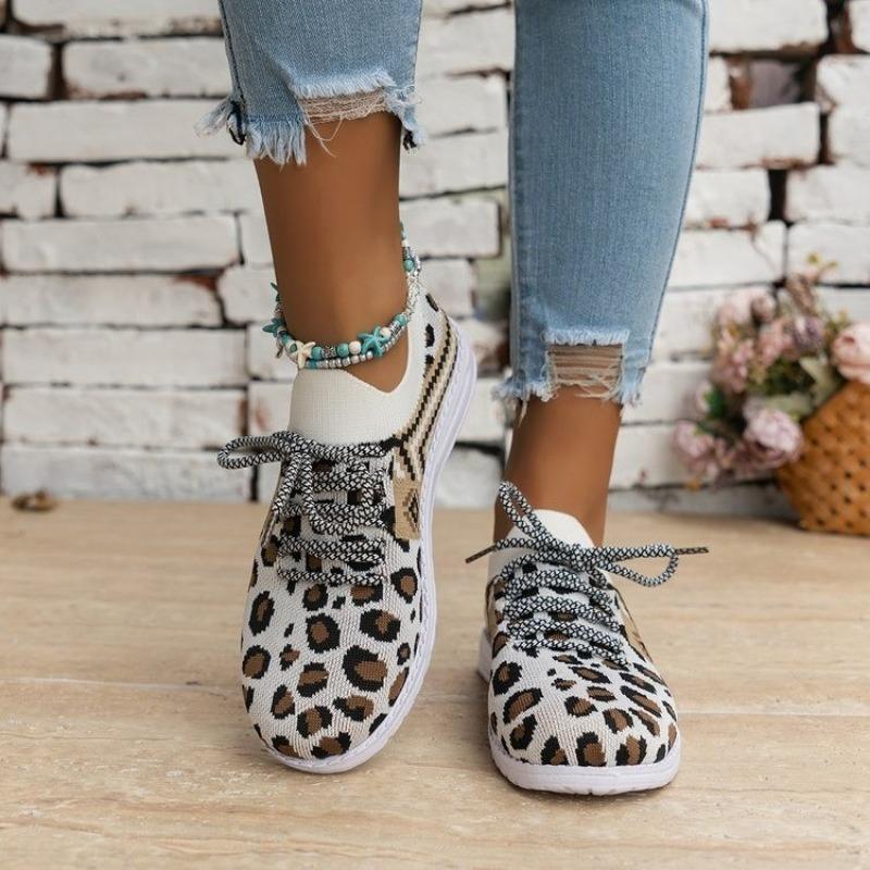 Flying Woven Casual Women's Shoes Spring New Flat-bottomed Round Head Lace-up Leopard Print Single Shoes