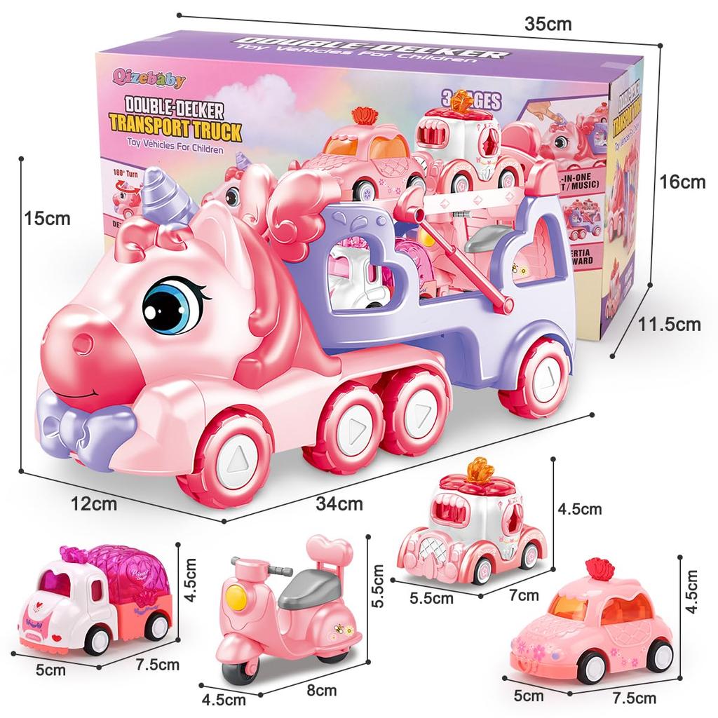 Qizebaby Car Toy Construction Truck Kids Toy Car 5 In 1 Popular Toy Car with Light and Music Educational Toy 2 3 4 5 6 Years Old Girls Birthday