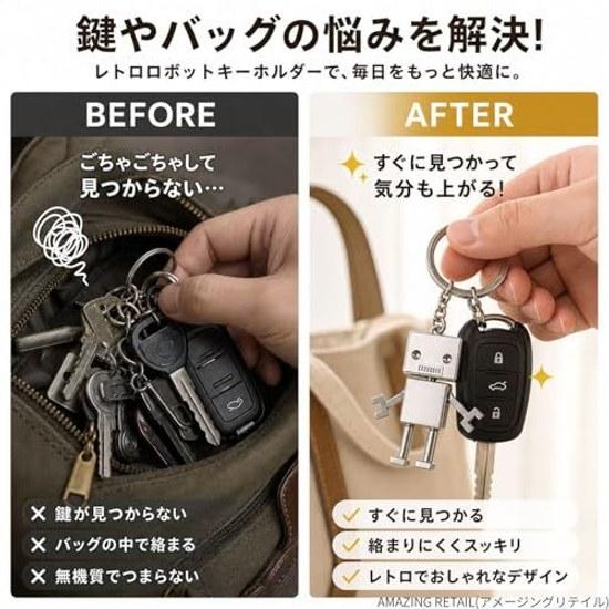Keychain Robot Retro Metal Zinc Alloy Bag Accessory Figure Movable Keys Double Ring
