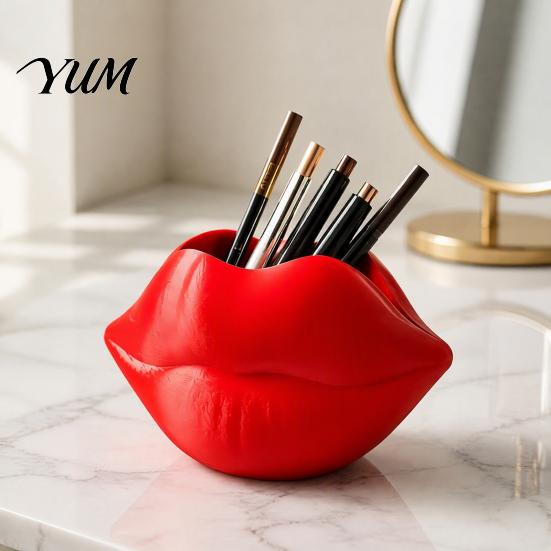 Cute Makeup Pencil Cup Lip Shaped Storage Holder, 3D Printed Red Sculpture Vase, Artistic Stylish Fashion Store Display Desktop Organizer for Brushes