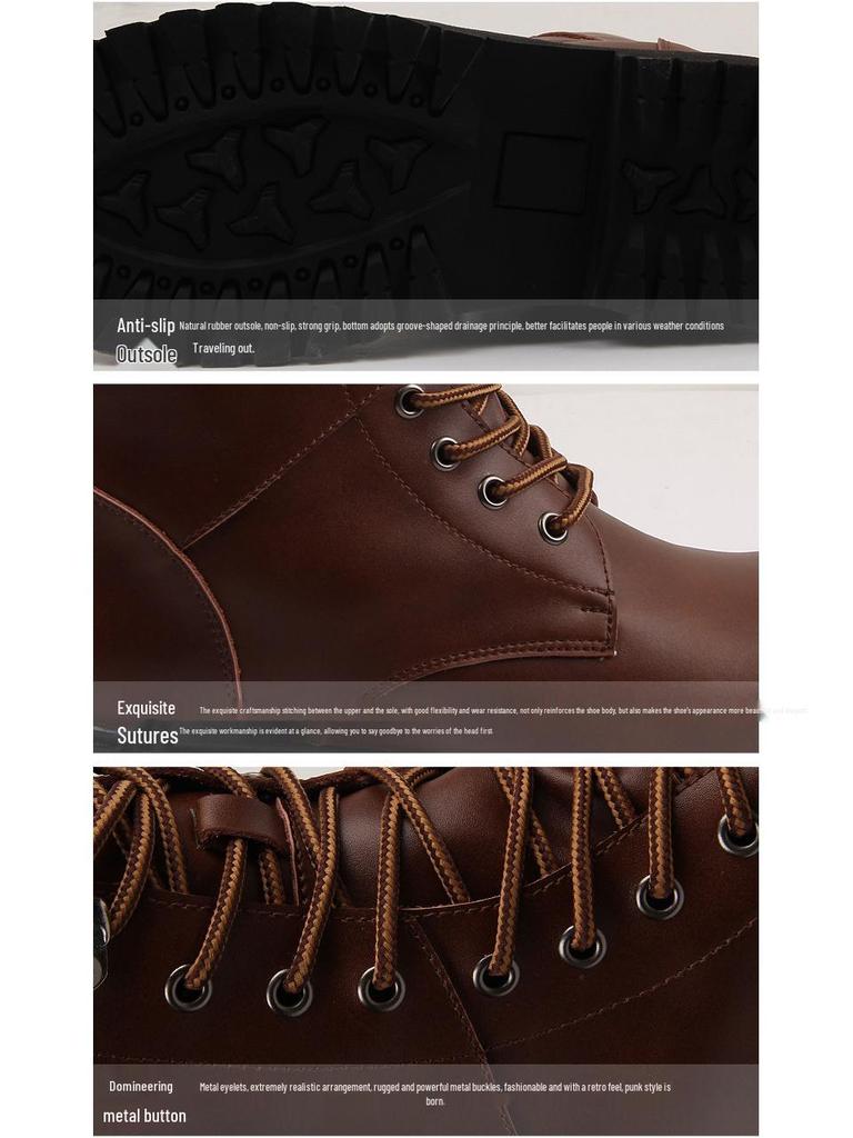 Кожаные ботинки в стиле милитари с высоким верхом, нескользящие, на флисовой подкладке - Легкие, износостойкие и теплые для походов и работы.