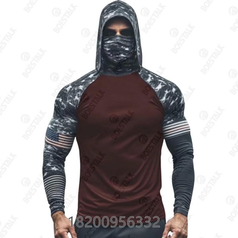 Mens Camo Fishing Shirt UPF 50 Sun Protection Hooded With Mask