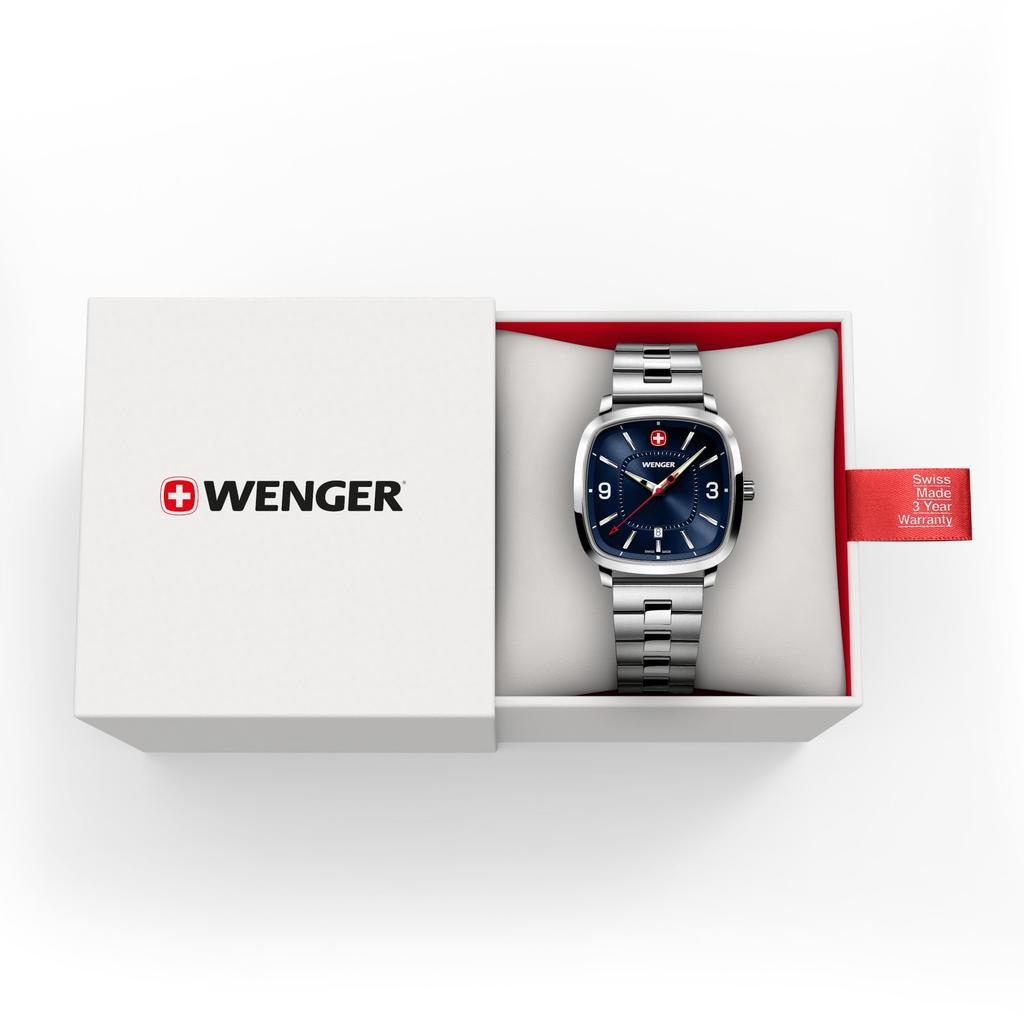 WENGER VINTAGE SPORT Stainless Steel Case Blue Silver Stainless Steel Quartz 50m Water Gift Idea Men's Watch, (316L), Dial, Bracelet, Movement,