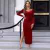 2024 Европейско-американское бархатное платье миди с вырезом «сердечко» и разрезом - Приталенное, с длинным рукавом, средней длины для осени/зимы