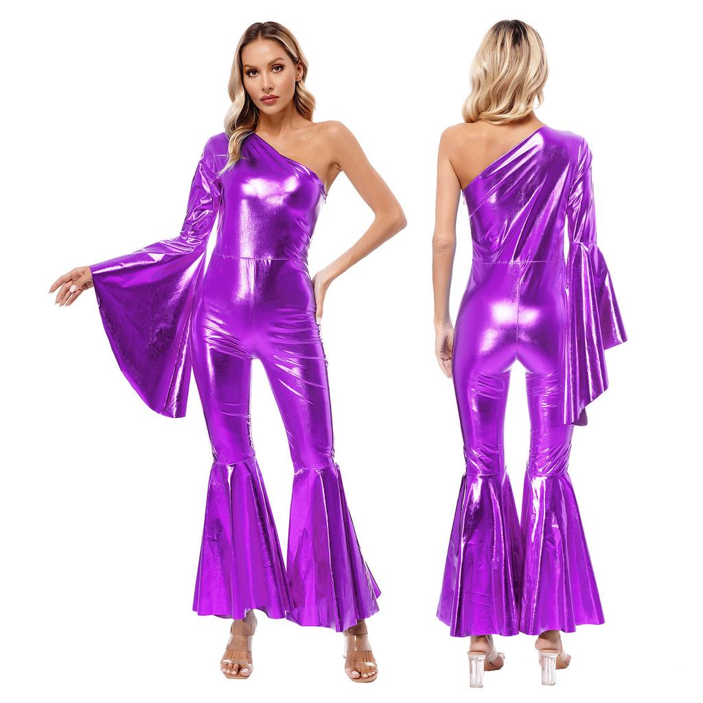 Womens Clubwear Bodysuit Metallic Bell-Bottom Flare Sleeve Carnival Theme Costume
