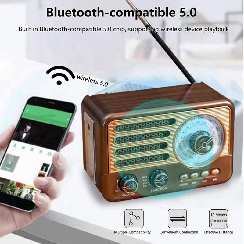 Portable Retro Radio Bluetooth Speaker FM/AM Radio Receiver With LED Flashlight, Supports TF Card, USB, AUX Play