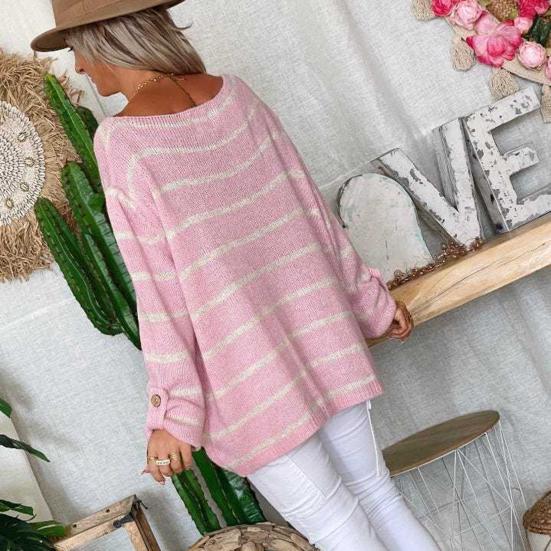 Women Autumn Oversized Sweater Elegant O-Neck Long Sleeve Striped Splicing Color Pocket Loose Pullover Elegant Knitting Jumper