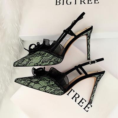 Мода 2025 Женские летние 9 см Высокие каблуки Кружевные сандалии Леди Фетиш Шпильки Туфли Женские Эскарпины Ремешковые Сетка Вечеринка Зеленые Фиолетовые Туфли