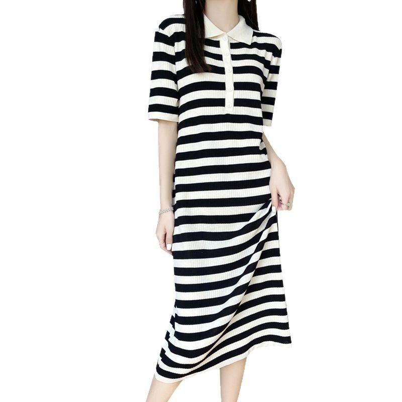 Летнее женское трикотажное платье с воротником-поло, средней длины, свободное повседневное платье в полоску, освежающее, подходящее ко всему
