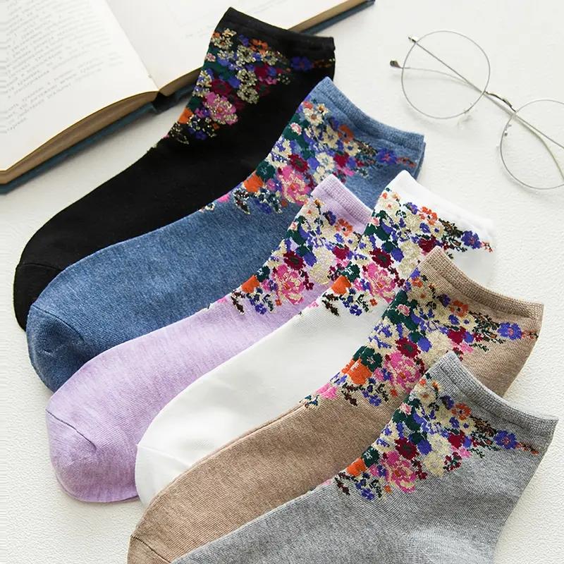 6 пар хлопковых носков средней длины с цветочным узором, женские носки и чулочно-носочные изделия