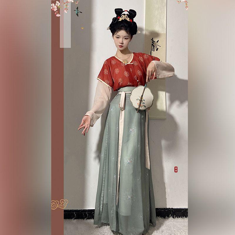 Китайский стиль династии Тан, традиционный ханьфу, повседневная рубашка с круглым вырезом и длинная юбка, женский комплект платьев
