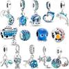 S925 Sterling Silver Blue Bead Color-changing Chameleon Octopus Fish Turtle Dangle Charm Fit Original  Bracelet Jewelry