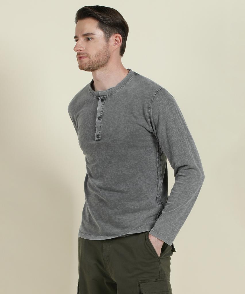 PANICALE Charcoal Garment Dye Cotton Henry T-Shirt