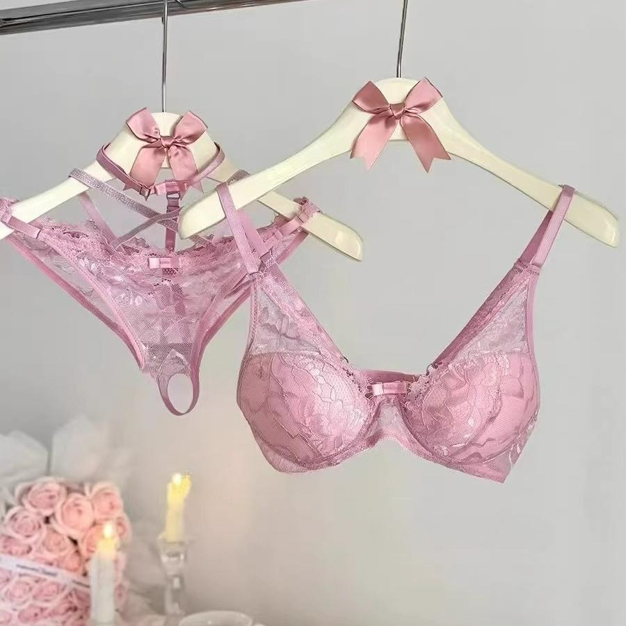 Розовый кружевной комплект бюстгальтера с halter-вырезом Сладкий сексуальный бюстгальтер-бралетт с косточками Push-up с полной поддержкой для женщин