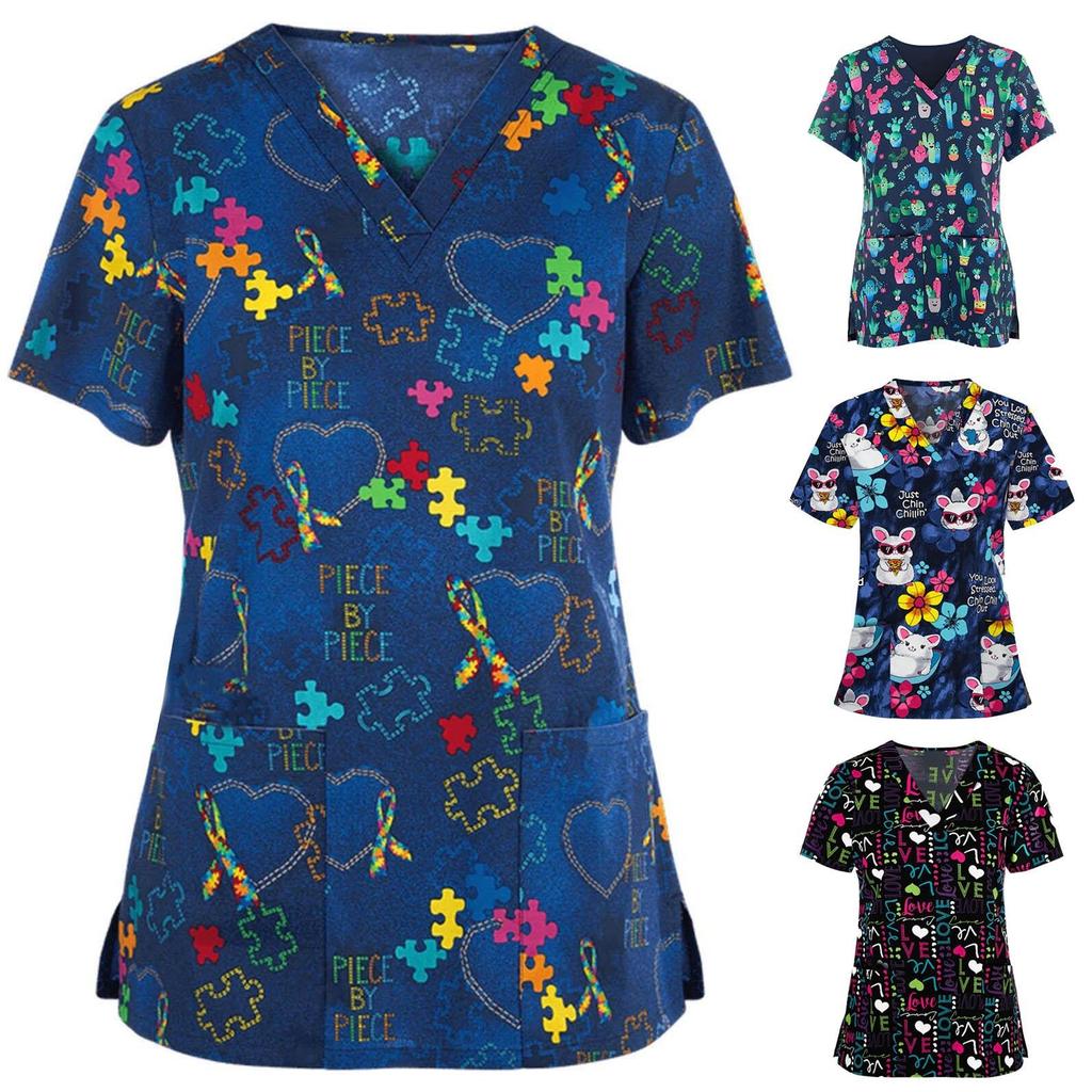 Женский топ с короткими рукавами и v-образным вырезом, рабочая униформа медсестры, комбинезон с животным принтом, рубашка с рисунком кошки и собаки, темперамент