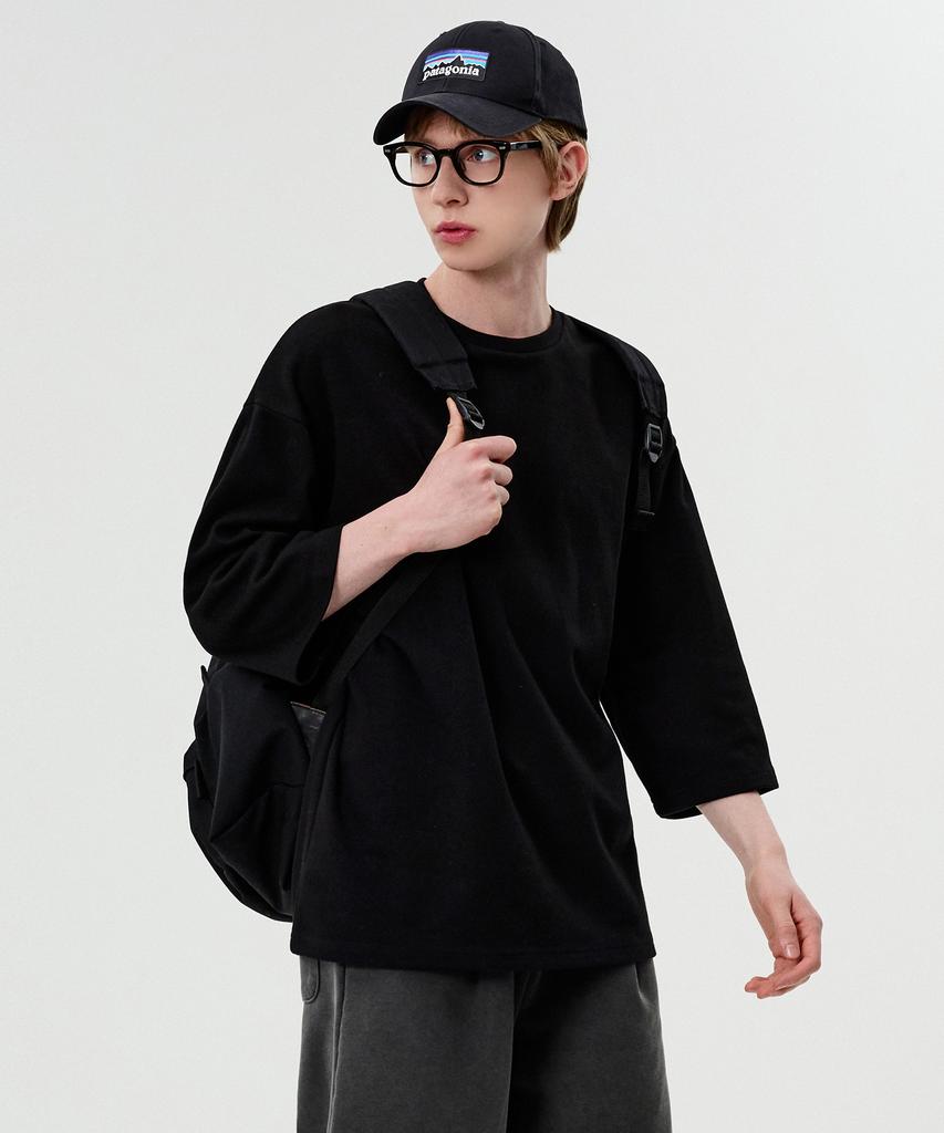 TOPBOY Double-Sided Oversized Crew Neck 3/4 Sleeve T-Shirt Black
