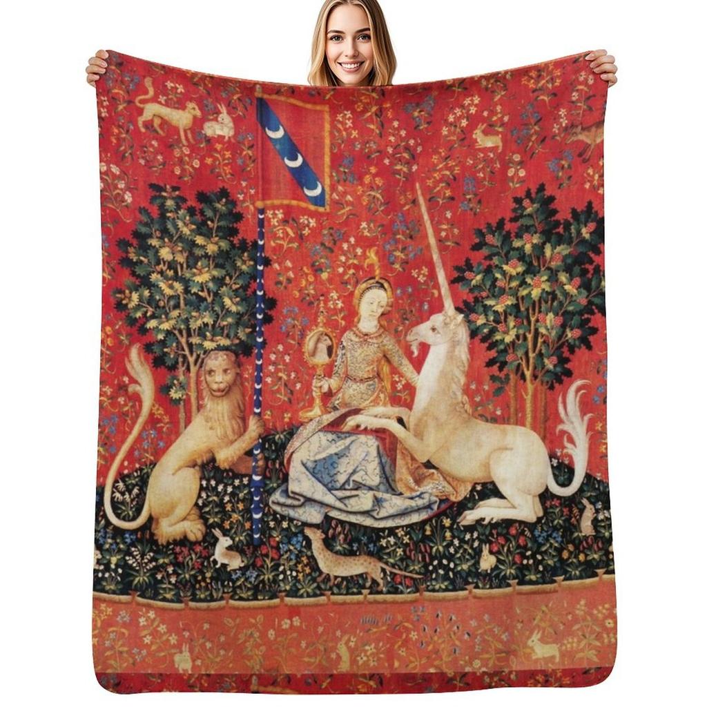 LADY AND UNICORN SIGHTRed Green Fantasy FlowersAnimals Throw Blanket Soft Cozy Blanket for Pet Kids Adults