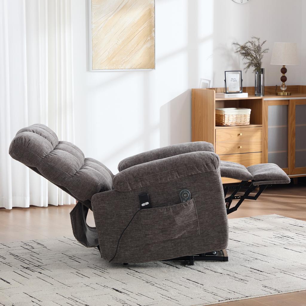 Electric Relax Chair with Stand-Up Assist, Massage and Heat Function, Adjustable Backrest and Footrest as well as Side Storage Pockets. Gray