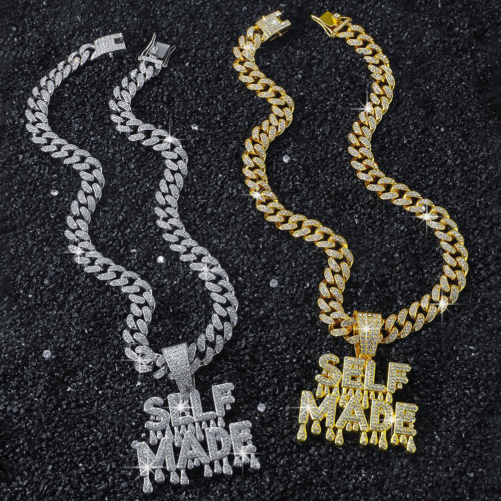 Men's Hip Hop Letter SELF PAID Pendant Necklace With 13mm Cuban Chain HipHop Iced Out Bling Necklaces Fashion Charm Jewelry Gift
