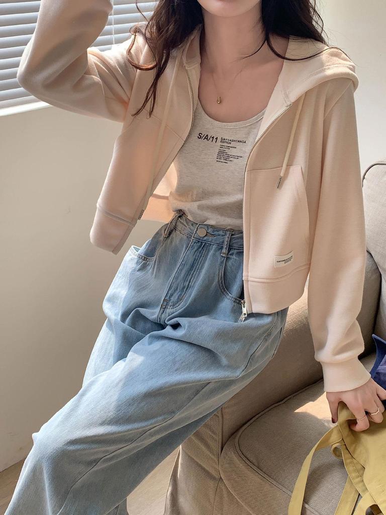 Женская розовая короткая толстовка с капюшоном на молнии - повседневный нишевый дизайн весна/лето