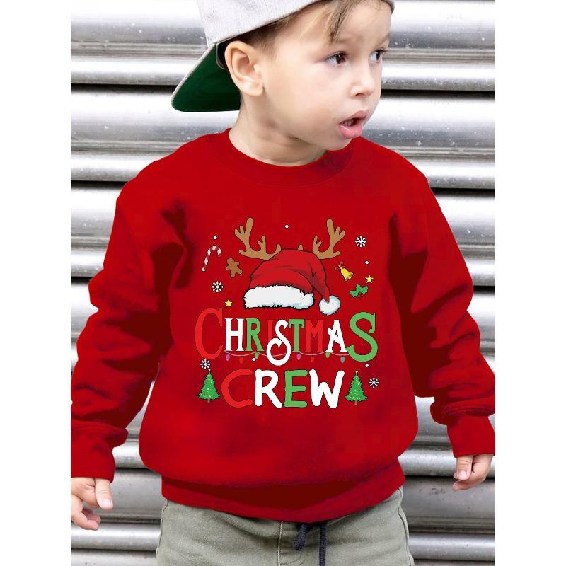 European Size Autumn/Winter Fashion -Lined Round Neck Sweatshirt with "MERRY CHRISTMAS" Print, Featuring Christmas Hat and Reindeer Antler Design