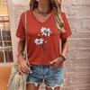 Summer V-neck 3D Flower Pattern Printed Top Fashionable Casual Short Sleeved Women's T-shirts