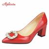 Aphixta New Dark Green Pearl Buckle Patent Leather Women's Pumps 7cm Square Heel Officile Pointed Toe Shoes Super Big Size 49 50