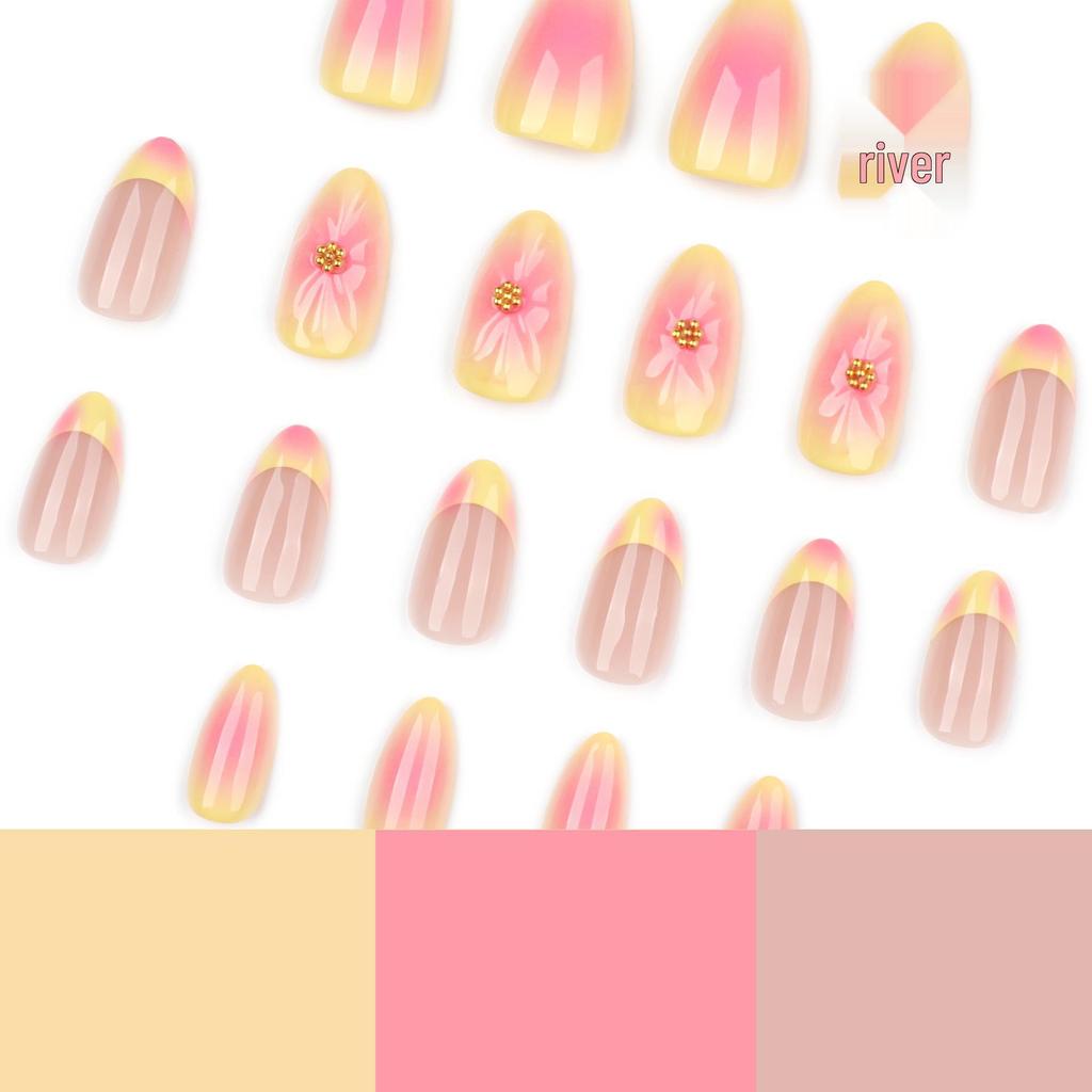 Градиентные румяные 3D-накладные ногти с цветами - Модный европейский и американский французский желтый нейл-арт