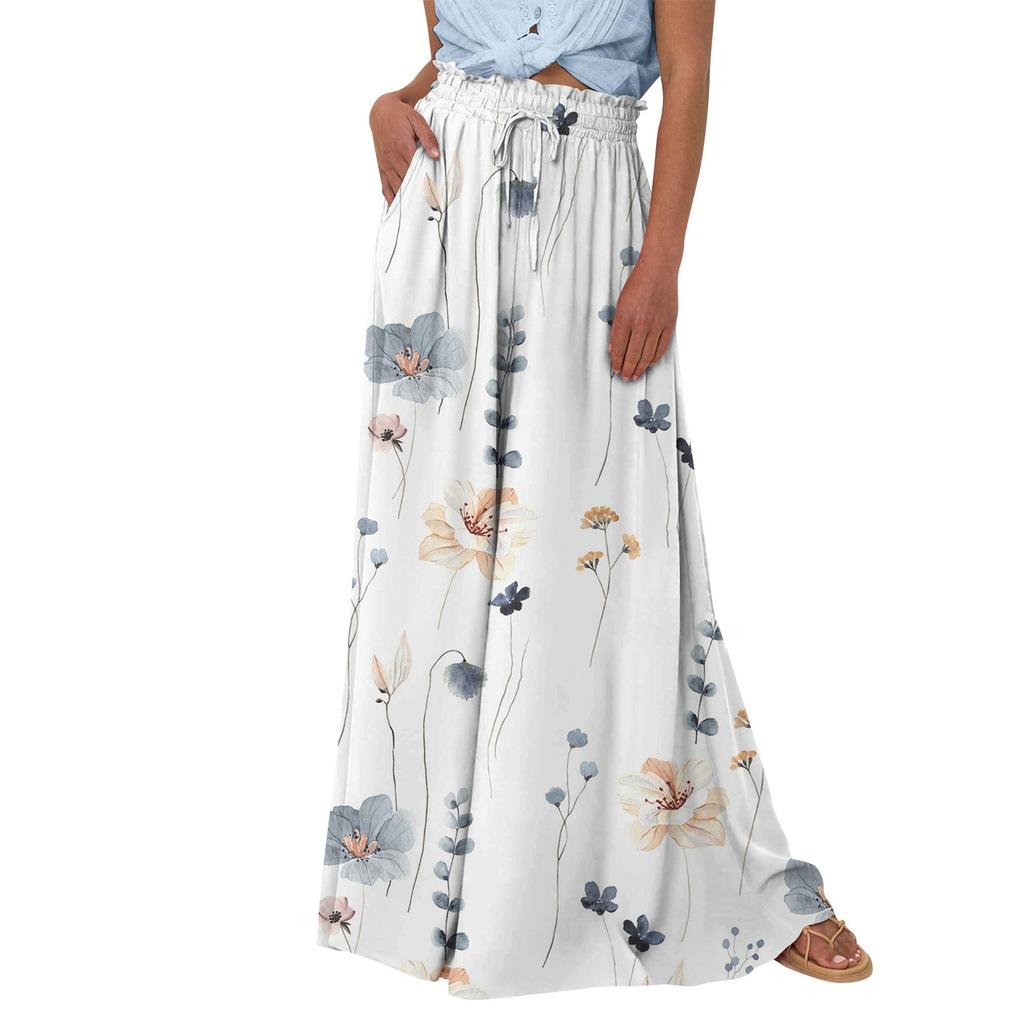 Женские широкие брюки с высокой талией, летние повседневные струящиеся брюки-палаццо, пляжные брюки с цветочным принтом и карманом