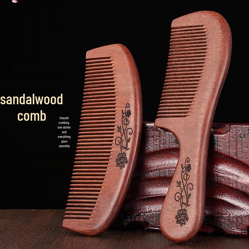 Engraved Sandalwood Long Handle Wide Tooth Scalp Comb