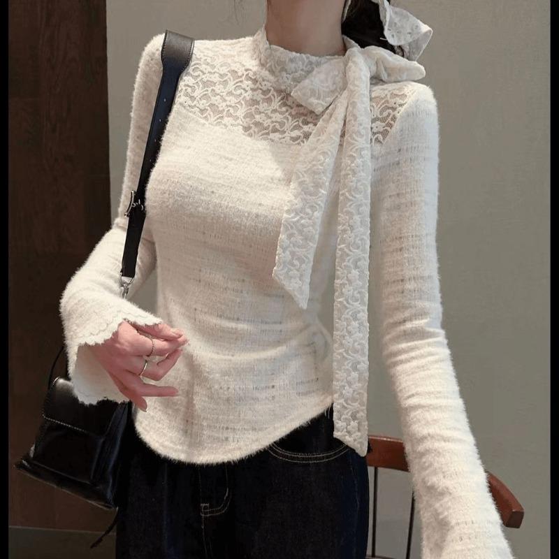 Осень-зима Базовая рубашка Overseas Heiress Кружевная футболка Вязаный свитер Slim Fit Утягивающий топ Temperament Внутренний наряд Футболки женские