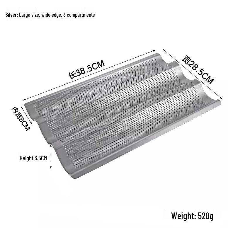 Golden Non-stick Baguette Baking Mold with Breathable Multi-hole Design and Rounded Corners.
