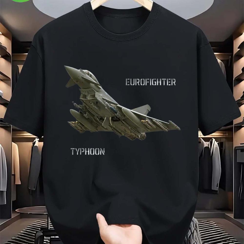 Футболка с изображением истребителя Eurofighter Typhoon для унисекс Реалистичный дизайн самолета с логотипом Typhoon Черная хлопковая футболка с коротким рукавом