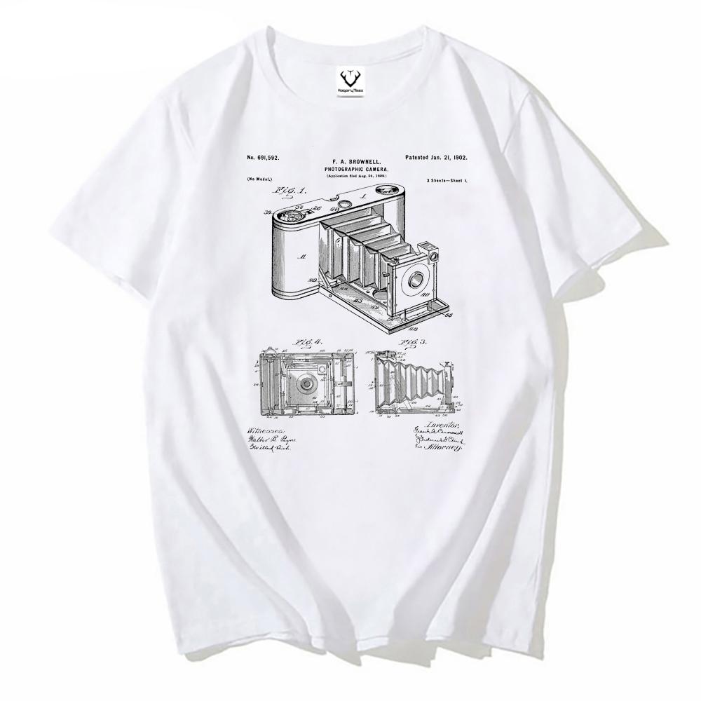 Fashion Vintage Short Sleeve Summer Boy Tees Photography Art Lovers Tops Camera Patent Black And White Classic Tshirt