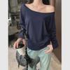 Dark Blue Off-the-Shoulder Long-Sleeve Women's Slimming Autumn Top