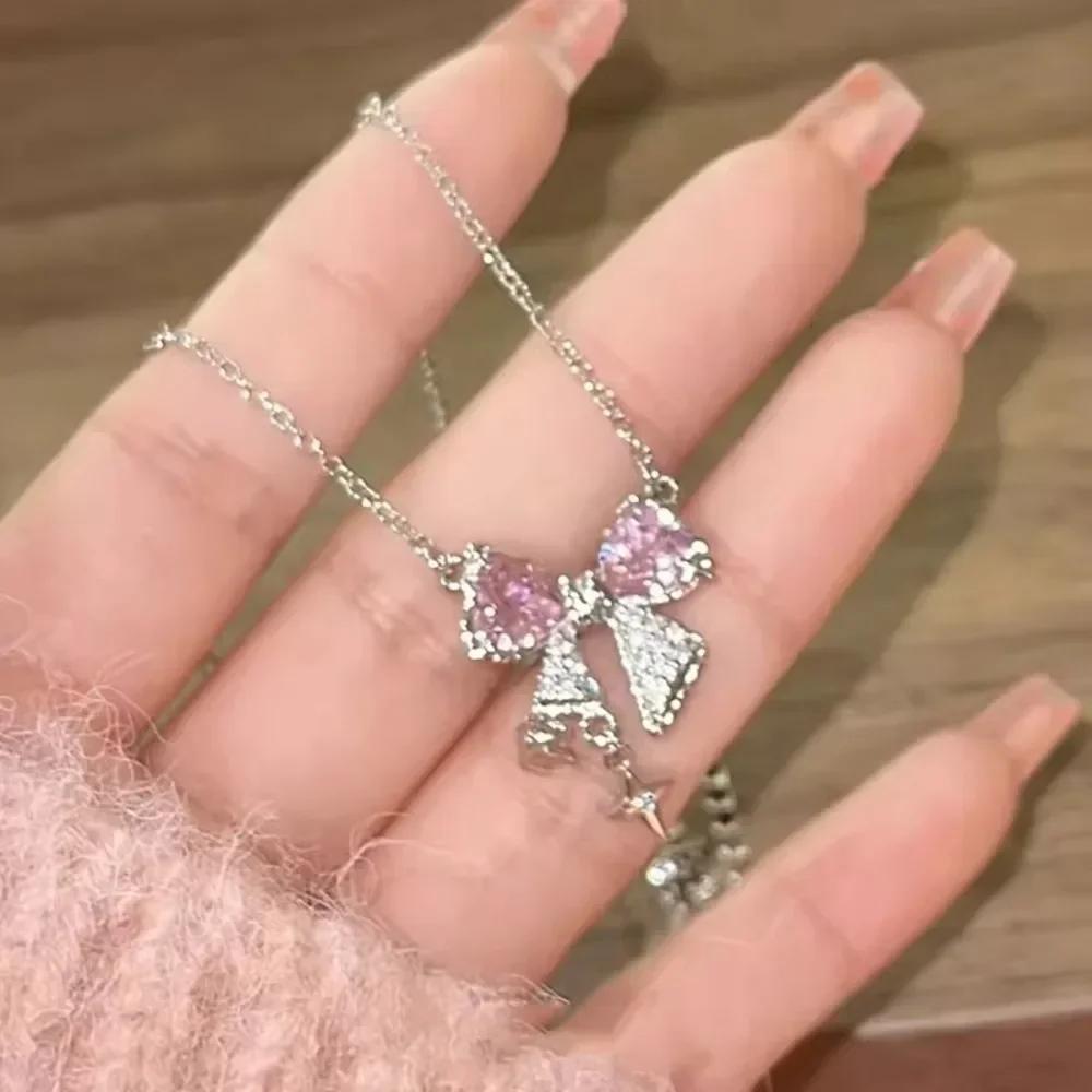Корейская мода Розовый Хрустальное Сердце Бант Подвеска Ожерелье Серебряный Цвет Цепочка Ожерелье на Шею для Женщин Свадебные Эстетичные Украшения