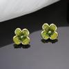 Green Camellia Crystal Stud Earrings Light Luxury Fashion High-End Design Earrings Niche Temperament Versatile Earrings