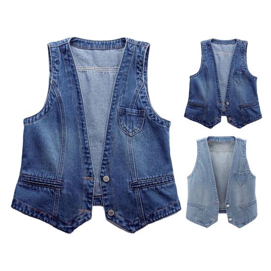 Женский джинсовый жилет без рукавов, свободный V-образный вырез, двойные пуговицы, сплошной цвет, винтажный твердый шов, уличная одежда в стиле хип-хоп, женский осенне-весенний жилет