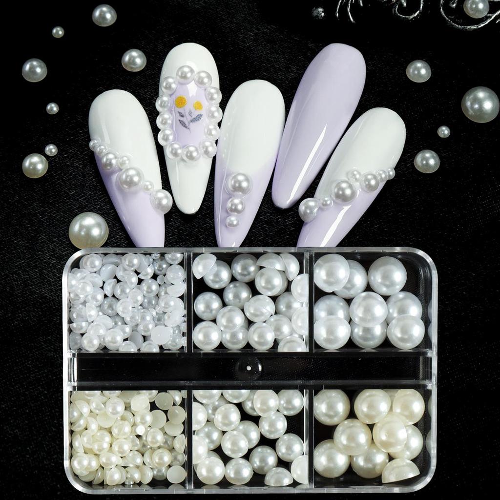 1 коробка полукруглых плоских бусин с искусственным жемчугом, украшение для ногтей, белые, бежевые, 3D, аксессуары для ногтей, корейские принадлежности для маникюра своими руками
