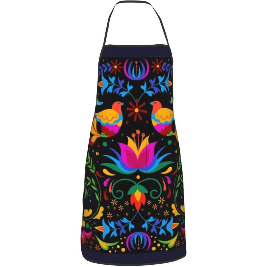 Mexican Floral Aprons, Waterproof Adjustable Apron for Kitchen Bbq with 2 Pockets, Gifts for Women Men