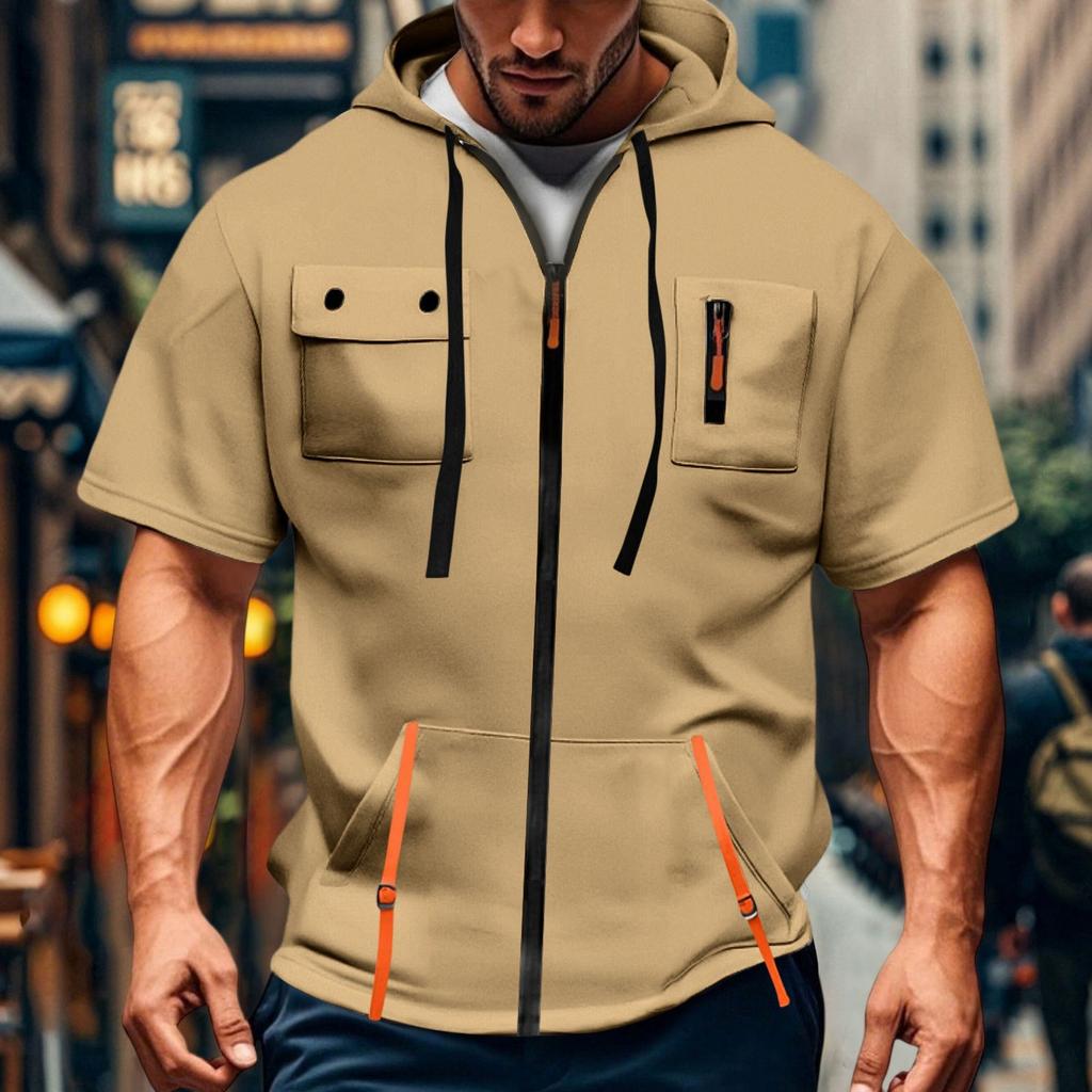 Men's Casual Short-sleeved Sweatshirt. Loose And Breathable Solid-color Sweatshirt Jacket With Multiple Pockets And A Zipper.