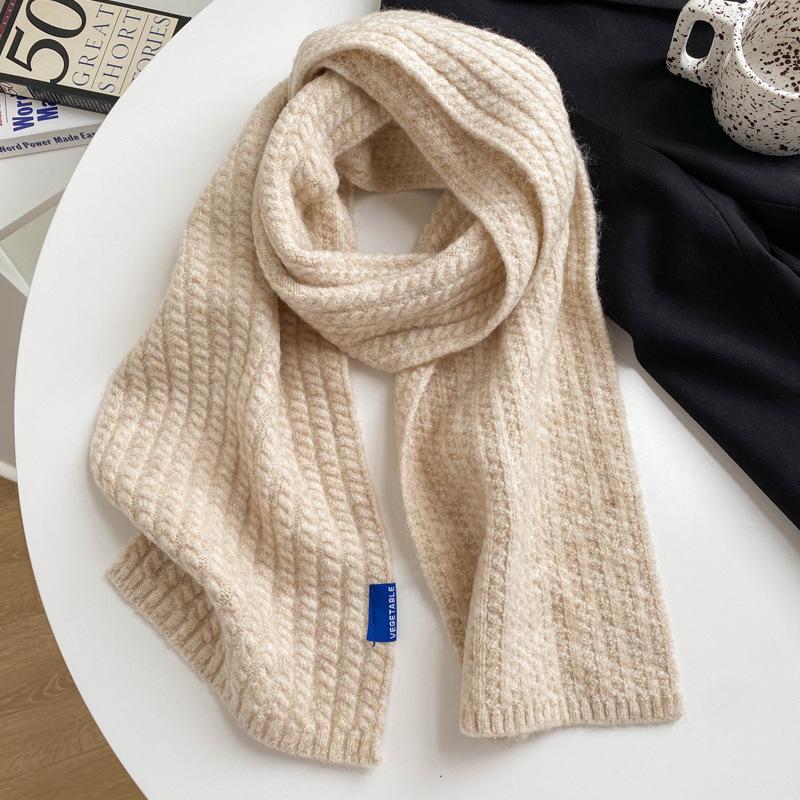 Wool Knitted Wool Small Scarf Women's Winter Beige Versatile Couple Solid Color Short Scarf Men's Thin Narrow