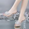 Модные шлепанцы на высоком каблуке для женщин 2025 Новая мода Корейская версия Стразы Бант Прозрачный кристальный каблук Сандалии для женщин