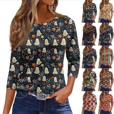 Женская модная повседневная футболка с рукавом три четверти и принтом на Хэллоуин, с круглым вырезом