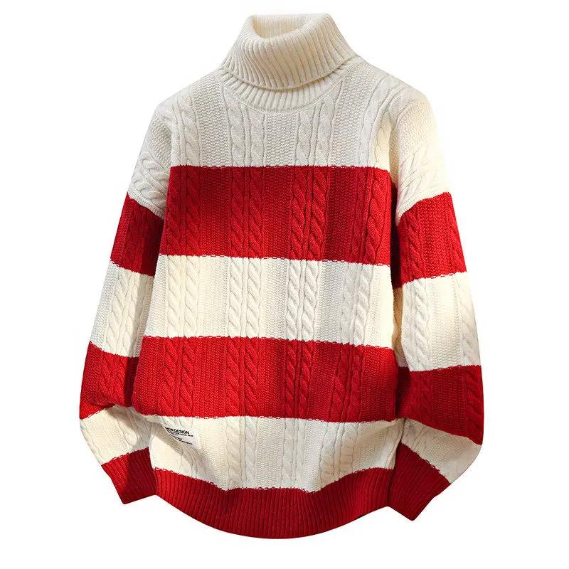 2026 Autumn Winter Men Striped Sweaters Men Turtleneck Casual Sweater Male Knitted Patchwork Jumper Man Streetwear Pullovers