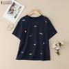 Women Casual Round Neck Summer Print Loose Short Sleeve Blouse