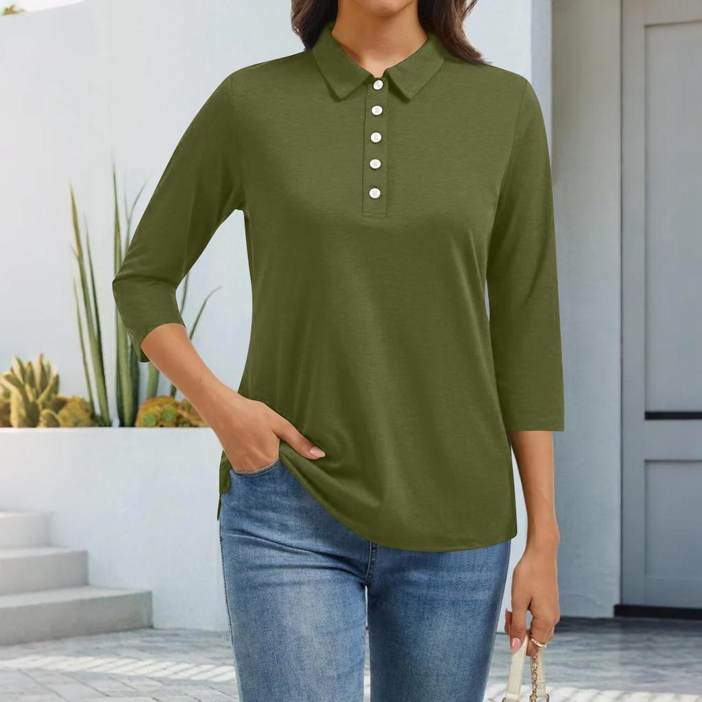 Women's Fashion Casual Lapel Short 3/4 Sleeve Solid Color Shirt Women's Button Up Tops
