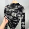 Half-high Neck Long Sleeve Mesh Base Shirt for Women New Autumn Thin T-shirt Age-reducing Fashionable Tie-dye Top
